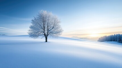 Poster - Serene winter landscape with a solitary tree at sunrise