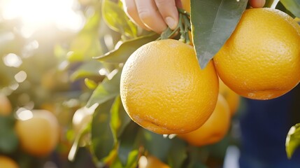 Picturesque scene of traditional orange farm with workers harvesting fresh ripe fruit in the tranquil countryside during the early hours of the day