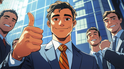 confident businessman giving thumbs up with colleagues in modern office setting, celebrating success and teamwork