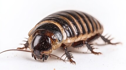 Unusual Madagascar hissing cockroach, large and armored, crawling across a white background.