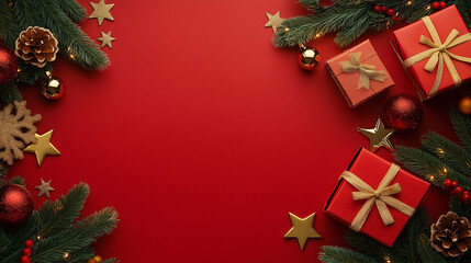 Wall Mural - gift boxes with xmas tree branches, golden stars and baubles on red background. flat lay, top view, 