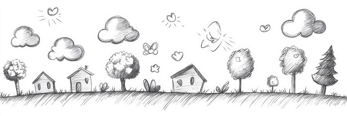 Poster - Delightful doodles featuring various clouds, trees, and houses set in a whimsical landscape, showcasing a playful artistic style. Generative AI