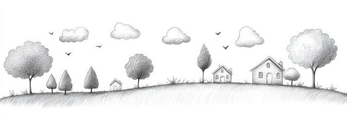Poster - This artwork features hand-drawn doodles of clouds, trees, and houses creating a peaceful and whimsical scenery. Generative AI