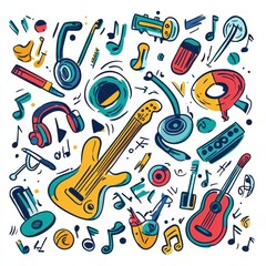 Poster - This artwork showcases colorful doodles of musical instruments, notes, and headphones, celebrating the joy of music in a lively design. Generative AI