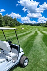 Golf cart on golf course at country club tourist resort. Healthy people golfer enjoy outdoor lifestyle leisure activity travel nature and play golf sport on summer holiday vacation.