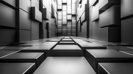 Aufkleber - A narrow corridor lined with geometric black boxes creates a striking visual effect, enhanced by subtle lighting that adds depth and contrast.