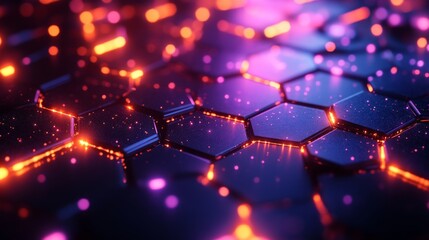 Fototapete - Intricate hexagonal shapes are illuminated with vibrant orange and purple lights, creating a striking visual effect on a dark surface at night. The pattern enhances a sense of depth and energy.