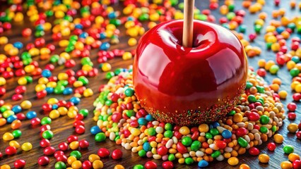 Poster - A bright red candy apple sits atop a bed of colorful candy on a wooden surface