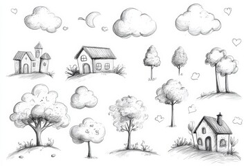 Poster - This artwork features delightful hand-drawn sketches of trees, clouds, and houses, creating a whimsical and peaceful atmosphere. Generative AI