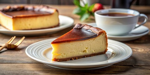 Wall Mural - A single slice of creamy cheesecake with a glossy caramel topping, on a white plate, next to a cup of tea and a whole cheesecake in the background.