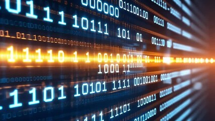 A digital abstract background with a close up of glowing blue binary code on a screen.