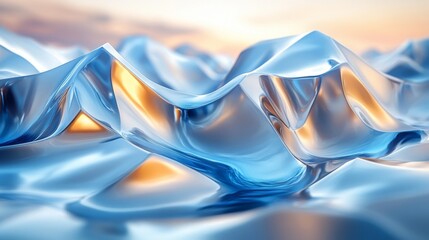 Poster - Intricate blue ice formations emerge from a tranquil surface, catching the golden sunlight as it sets, creating a mesmerizing visual display of nature's beauty.