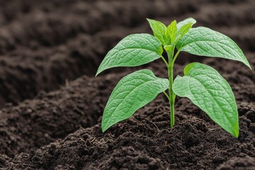 A young green plant emerges from rich soil, showcasing growth and vitality in a well-tended garden.