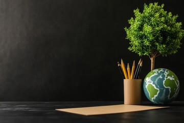 A serene workspace featuring a decorative plant, a globe, and a pot of pens against a dark background, evoking a sense of sustainability and creativity.