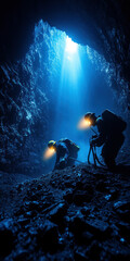 two adventurers navigate a mysterious cave, illuminated by beams of blue light. their headlamps reve