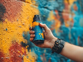 Artist Hand Holding Spray Paint Against Colorful Wall