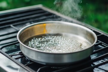 A silver pan with boiling water releases steam while heating on a gas stove outdoors.