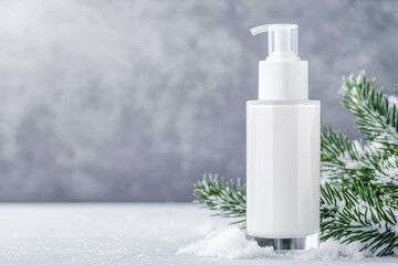 A minimalist bottle of white lotion is set against a snowy background, accented by evergreen branches, evoking a fresh, wintery feel.