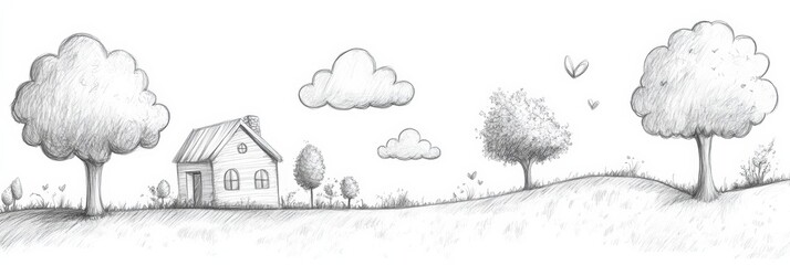 Poster - A peaceful setting with sketchy clouds, whimsical trees, and a charming house, evoking a sense of calm and simplicity. Generative AI