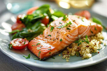 A plate of baked salmon with quinoa and spinach