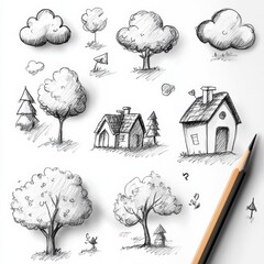 Poster - A collection of charming pencil sketches showcases clouds, trees, and simple houses, illustrating a whimsical and lighthearted atmosphere. Generative AI