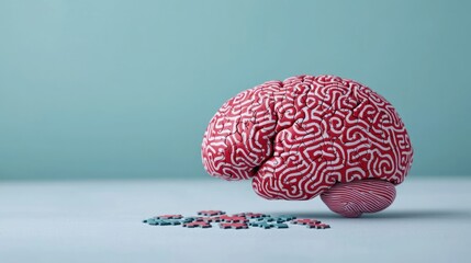 A colorful brain model with intricate patterns sits on a surface, surrounded by small colorful pieces, presenting a creative, artistic representation of cognitive processes.