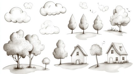Poster - A collection of hand-drawn pencil sketches features playful clouds, various trees, and quaint houses, creating a serene countryside scene. Generative AI