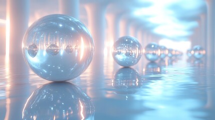 Aufkleber - Transparent spheres shimmer under soft lighting, creating a serene atmosphere reflected in calm water, with elegant pillars enhancing the ambiance.