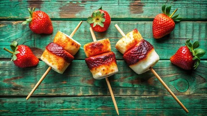 Grilled marshmallows and strawberries on wooden skewers on a rustic green wood background