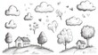 © Анатолий Сав - Whimsical doodles bring cheerful clouds, trees, and houses to life in a light pencil sketch style, creating a charming natural scene. Generative AI