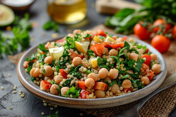 A plate of quinoa and chickpea salad with lemon tahini dressing