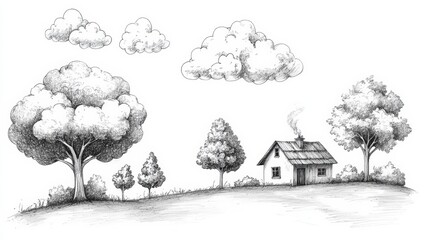 Poster - A quick sketch features whimsical doodles of fluffy clouds, various trees, and a charming house, invoking a peaceful countryside feel. Generative AI