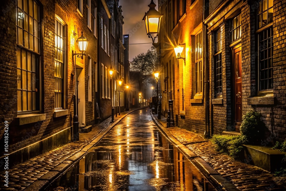 Dark Alleyway with Neon Glow and Wet Pavement for Mysterious Low Light ...