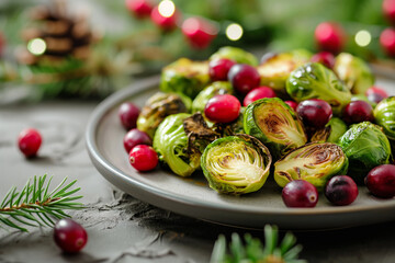 A plate of roasted Brussels sprouts with cranberries