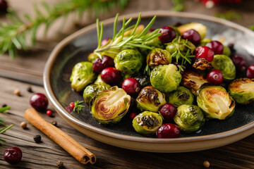 A plate of roasted Brussels sprouts with cranberries