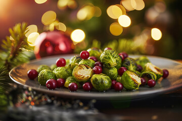 A plate of roasted Brussels sprouts with cranberries