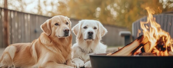 Two friendly dogs relaxing by a cozy outdoor fire pit in a warm autumn setting.