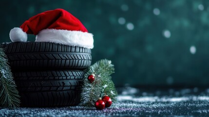 Pair of tires with Santa hat and holiday greenery.