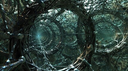 Wall Mural - A maze of vines and branches creates a complex network mirroring the intricate web of interactions between particles.