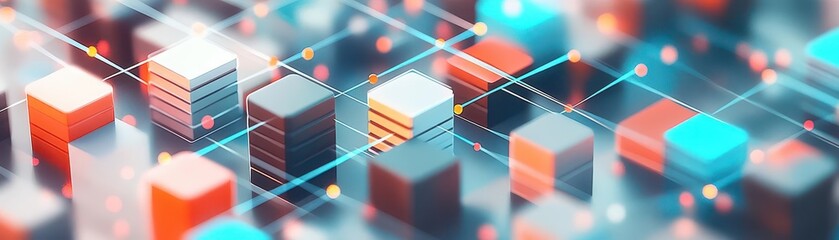 Poster - Network of buildings linked by floating dots and gradient lines, topdown view of smart city infrastructure, cybernetic tone, Splitcomplementary color scheme