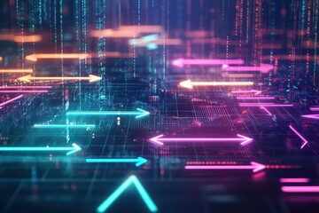 Fototapete - Neon arrows, 3D holographic grid, abstract tech landscape, glowing data pathways, hightech glow