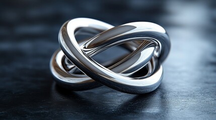 Poster - A stunning silver metallic sculpture elegantly intertwines with complex curves and loops, resting on a textured dark surface, reflecting light beautifully.
