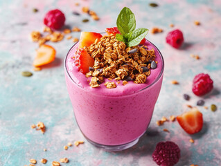 vibrant fruit smoothie topped with granola, fresh berries, and mint leaves, creating refreshing and healthy treat. Perfect for breakfast or snack!