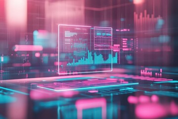 Aufkleber - Holographic business brainstorming session, floating graphs and futuristic data visualizations, creative office space with neon accents, Modern, SciFi, Neon Lighting