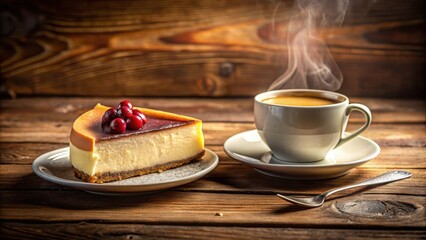 Canvas Print - A Slice of Cheesecake Topped with Cherries, Served with a Cup of Steaming Coffee on a Rustic Wooden Table