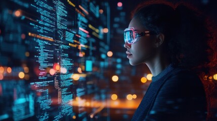 Woman coding focus software hologram cyber security night digital data development future technology innovation design