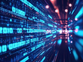 Aufkleber - Flowing data, neon blue binary sequence, futuristic digital stream