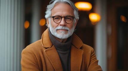 Wall Mural - Man with a beard and glasses is sitting in a tan jacket. He is smiling and looking at the camera