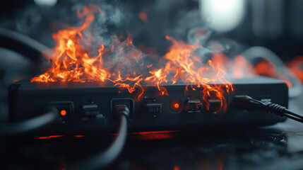 power strip with electrical cable is engulfed in flames, creating dramatic and dangerous scene. intense fire highlights potential hazards of electrical equipment