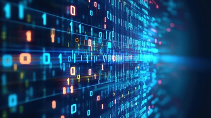 Poster - Digital binary stream, neon blue glow, abstract tech matrix